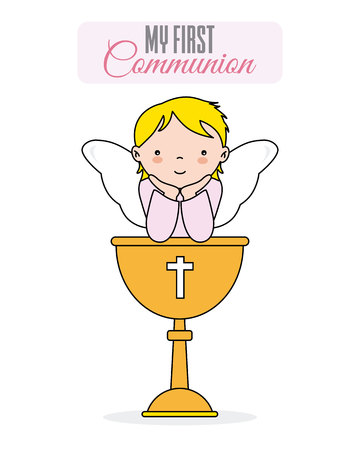 Baptism invitation card. Smiling angel girl sitting on a calyxのイラスト素材