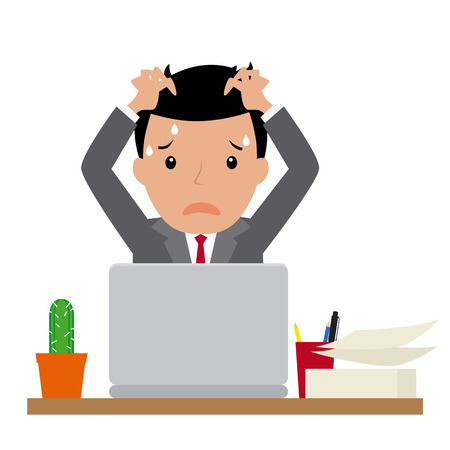 businessman sitting at his desk with worried faceのイラスト素材