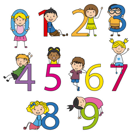 Funny children with numbers from 0 to 9. Isolated vectorのイラスト素材