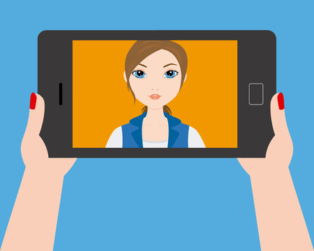 Young girl doing selfie with smartphoneのイラスト素材