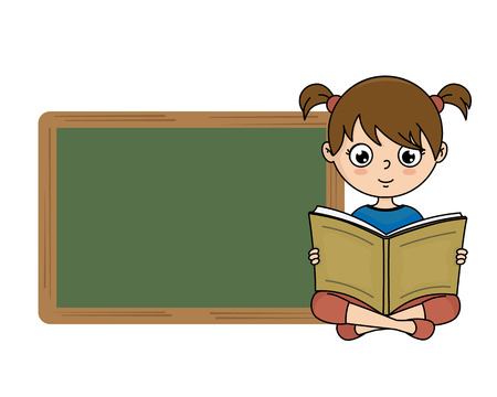 Girl reading a book next to a blackboard with space for textのイラスト素材
