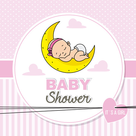 baby shower girl. baby girl sleeping on the moon.のイラスト素材