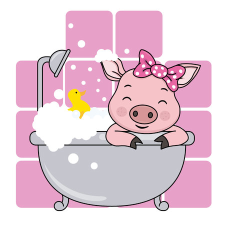 baby shower card. Cute cartoon pig in the bathroom on a pink backgroundのイラスト素材