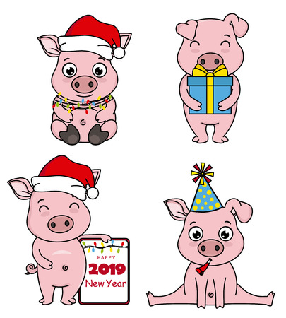 set cartoon pigs celebrating christmas and chinese new yearのイラスト素材
