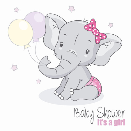 baby shower girl. Cute elephant with balloons.のイラスト素材