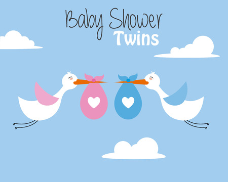 twin baby shower card. storks with baby girl and boyのイラスト素材