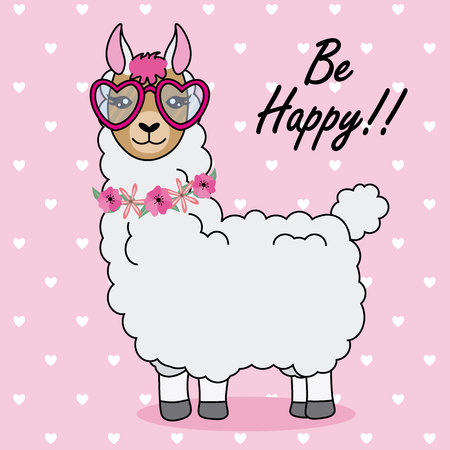cute llama with sunglasses and flowersのイラスト素材