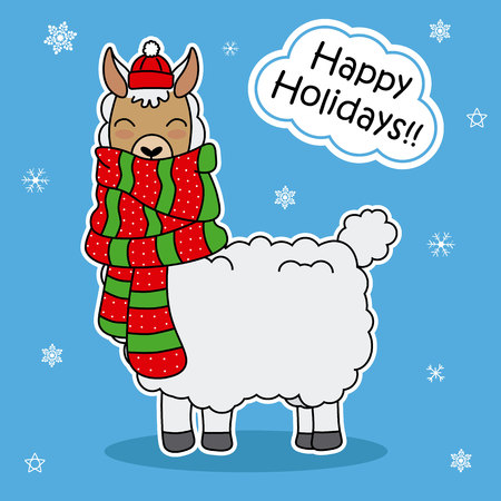 cute llama with scarf and hatのイラスト素材