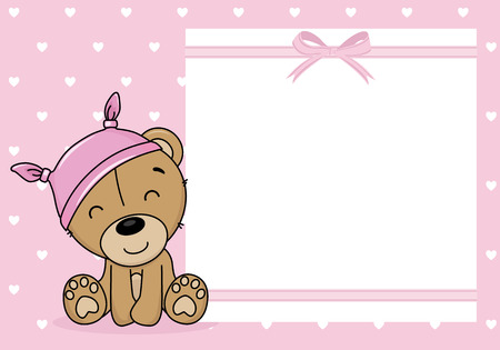 baby girl shower card. Bear with a nightcap. Space for textのイラスト素材