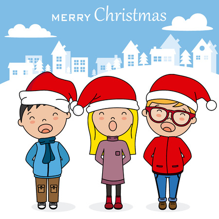 Children singing Christmas songs with santa hatのイラスト素材
