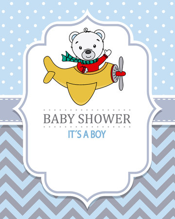 baby boy shower card. Bear flying on plane. Space for textのイラスト素材