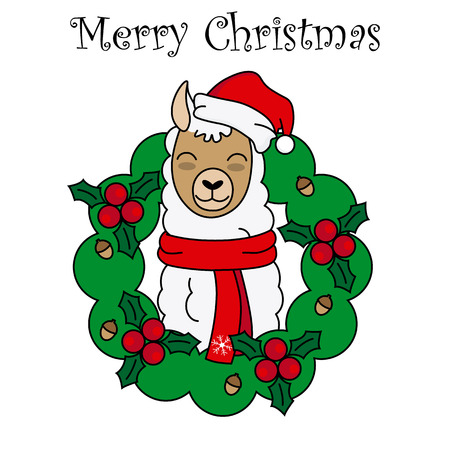 Merry Christmas card. Llama inside a garlandのイラスト素材