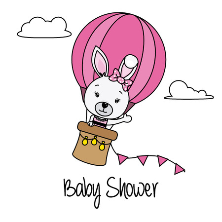 baby girl shower card. rabbit flying in a balloon.のイラスト素材