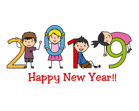 Happy New Year 2019. Children playing with numbersのイラスト素材