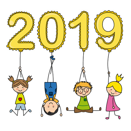 Happy New Year 2019. children playing with number balloonsのイラスト素材