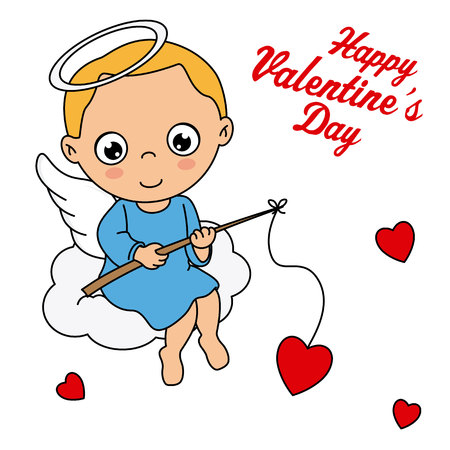 Valentines day card. Angel sitting on a cloud fishing heartsのイラスト素材