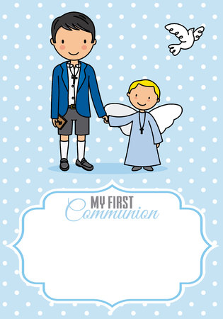 My first communion. Boy and angel. Space for textのイラスト素材