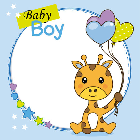 Baby boy shower card. Cute giraffe with balloons. Space for textのイラスト素材