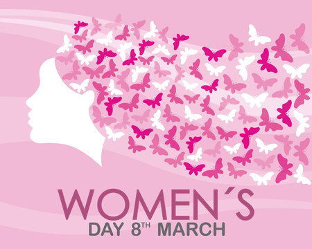 poster happy women's day. Silhouette face woman and butterflyのイラスト素材