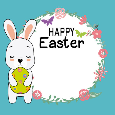 Happy easter card. Rabbit with a flower frameのイラスト素材