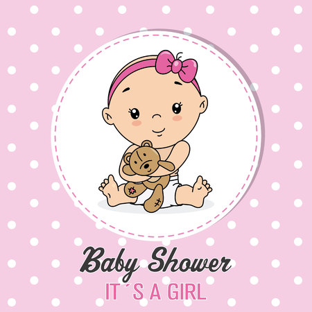baby shower card. Little girl with a bearのイラスト素材