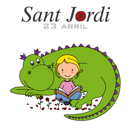 Sant Jordi. Catalonia traditional celebration. girl and dragon reading a bookのイラスト素材
