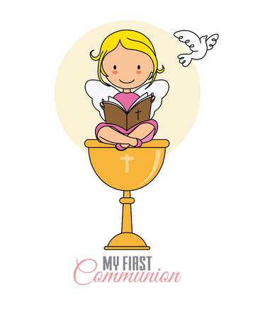 Girl communion card. Girl reading the bible sitting in a chaliceのイラスト素材