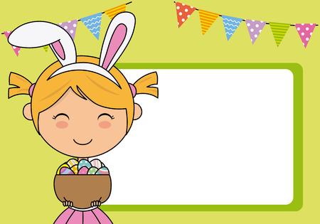 Happy easter card. Little girl dressed as a rabbit with easter eggsのイラスト素材