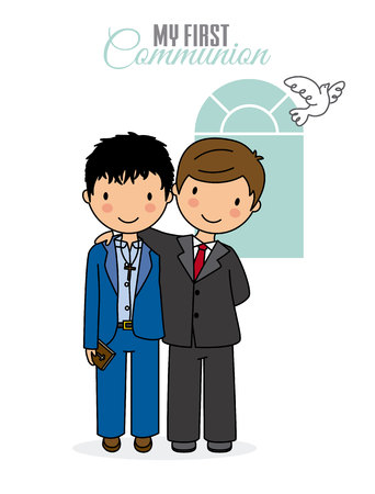 First communion card. Two boys dressed in communionのイラスト素材