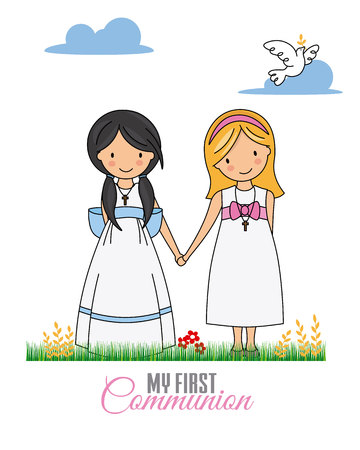 First communion card. Two girls dressed in communionのイラスト素材