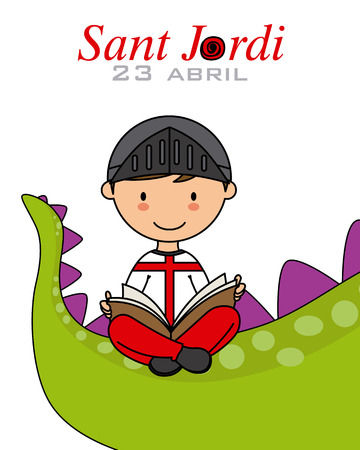 Sant Jordi. Catalonia traditional celebration. Boy and dragon reading a bookのイラスト素材