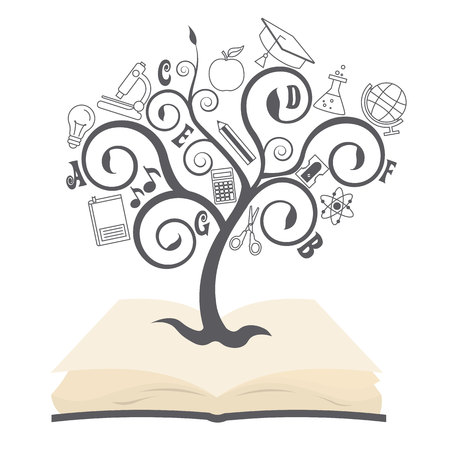 tree with education icons on top of a bookのイラスト素材