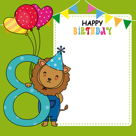Happy birthday card. Lion with balloons and the number eight. Space for photo or textのイラスト素材