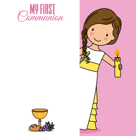 Card my first communion. girl with a candle. Space to writeのイラスト素材