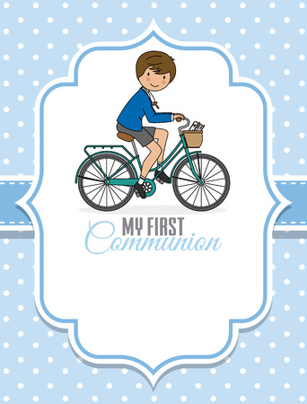 Card my first communion. Boy on a bicycle. Space for textのイラスト素材