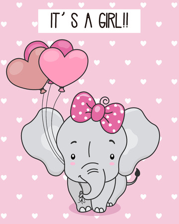 Cute elephant with balloons. Pink background with hearts. Baby girl shower card.のイラスト素材