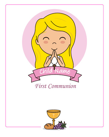 Card my first communion girl. Praying girl.のイラスト素材