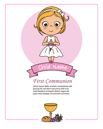 Card my first communion girl. Praying girl.のイラスト素材