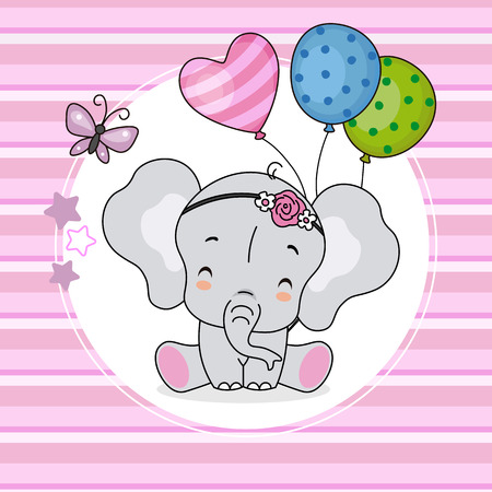 cute elephant with balloons and pink backgroundのイラスト素材