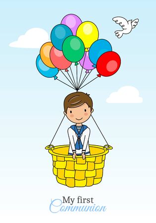 child communion card. Boy flying in balloonのイラスト素材