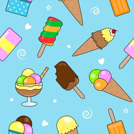 Colorful summer seamless pattern with ice cream of different flavors. Design for fabric, textile, decor.のイラスト素材