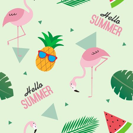 Colorful summer seamless pattern with flamingos, pineapple and watermelon. Design for fabric,...