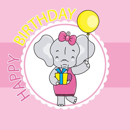 girl birthday card. Cute elephant with a gift and a balloonのイラスト素材