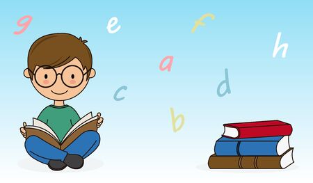 Boy reading a book. Letters background. Space for textのイラスト素材