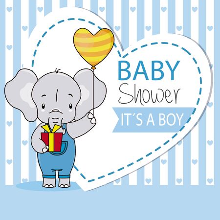 Boy birthday card. Cute elephant with a gift and a balloon.space for textのイラスト素材