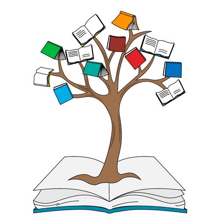education card. Tree with books hanging from the branchesのイラスト素材