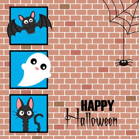 Halloween card. Bat, ghost and black cat. Space for textのイラスト素材
