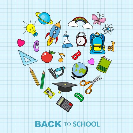 Back to school card. Icons of school supplies forming a heartのイラスト素材