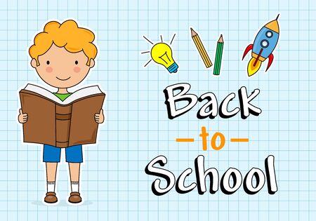card back to school. Boy readingのイラスト素材