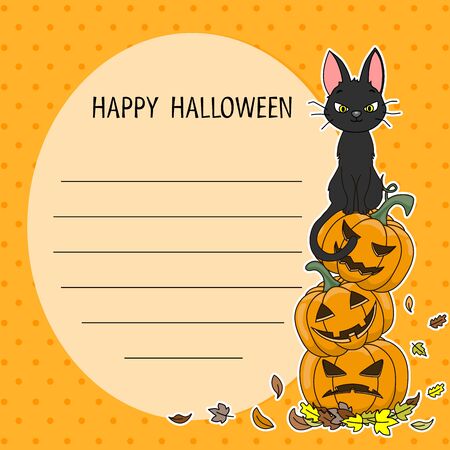 Halloween card. Black cat sitting on top of pumpkinsのイラスト素材